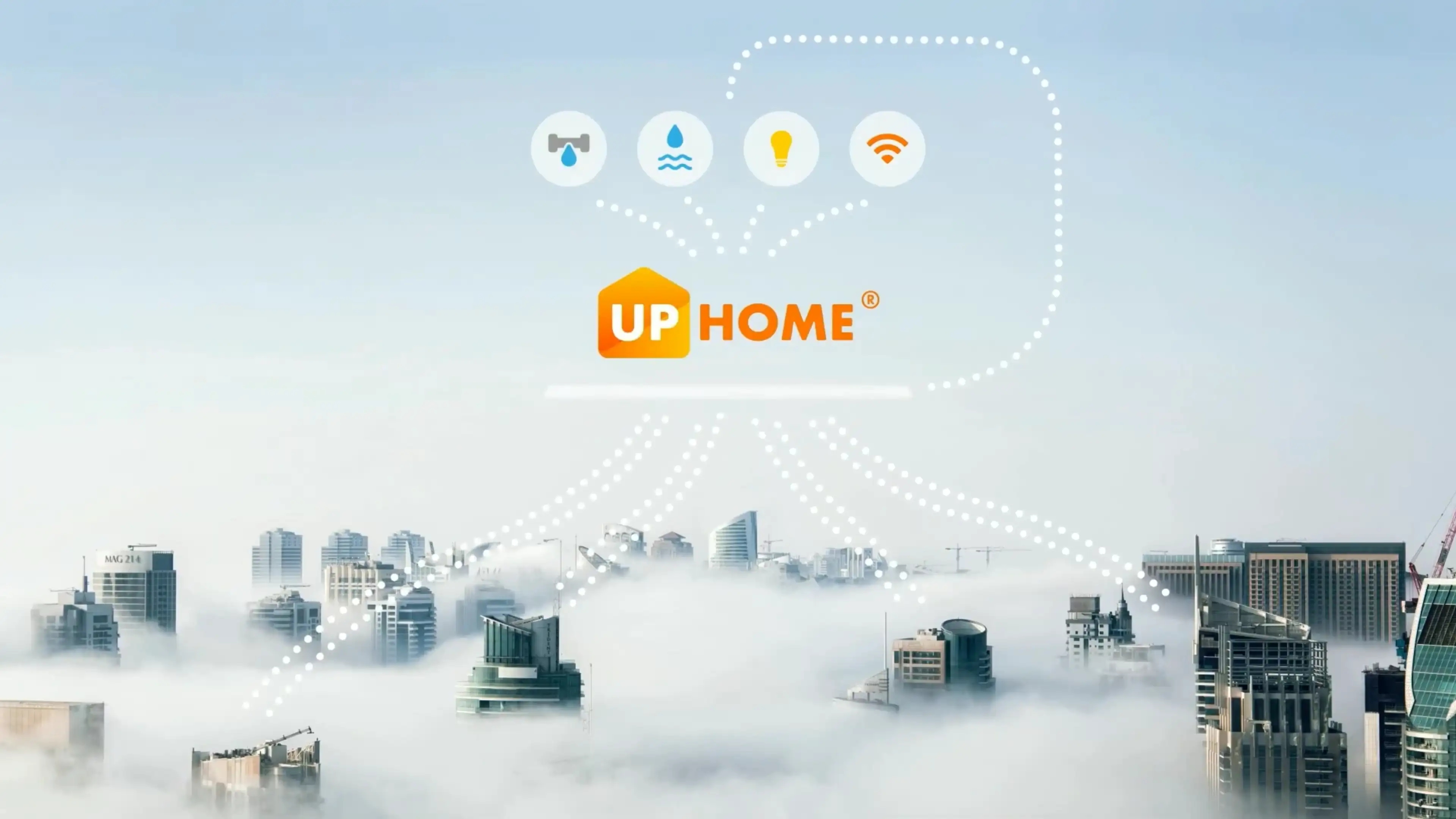 Modern multi-story residential complex with UpHome smart living technology